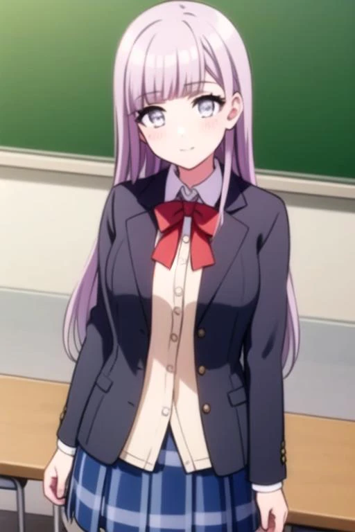 ((masterpiece, best quality,very detailed)),simple eyes,1girl, <lora:saki:1>,d4dj,izumo saki, school uniform,bangs, blue_skirt, blunt_bangs,classroom, collared_shirt, cowboy_shot, indoors, jacket, long_hair, red bow, pleated_skirt, school_uniform, shirt, skirt, solo