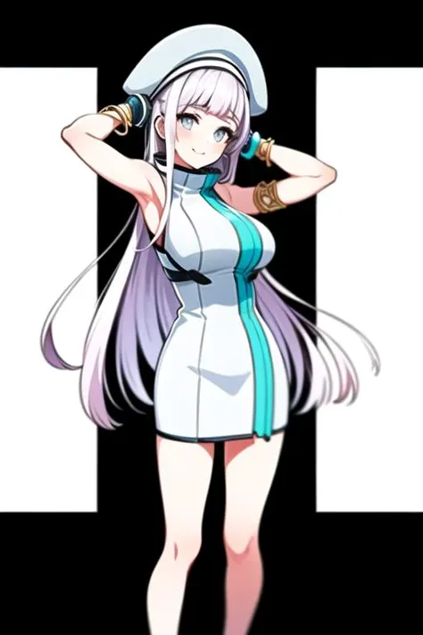 ((masterpiece, best quality,very detailed)),simple eyes,((1girl)),full body,standing,arms up,hands behind head,izumo saki,smile, photon maiden,armlet, bangs, bare_shoulders, blush, bracelet, breasts,white dress,white clothes eyebrows_visible_through_hair,white hat,white head wear, headphones, jewelry, long_hair, looking_at_viewer, large_breasts,sleeveless, solo, very_long_hair, white_gloves, d4dj <lora:saki:1>