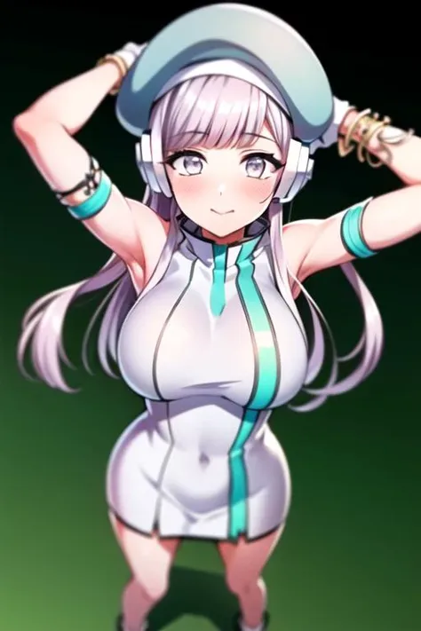 ((masterpiece, best quality,very detailed)),simple eyes,((1girl)), indoors,<lora:saki:1>,d4dj,full body,standing,arms up,hands behind head,izumo saki,smile, photon maiden,armlet, bangs, bare_shoulders, blush, bracelet, breasts,white dress,white clothes eyebrows_visible_through_hair,white hat,white head wear, headphones, jewelry, long_hair, looking_at_viewer, large_breasts,sleeveless, solo, very_long_hair, white_gloves,