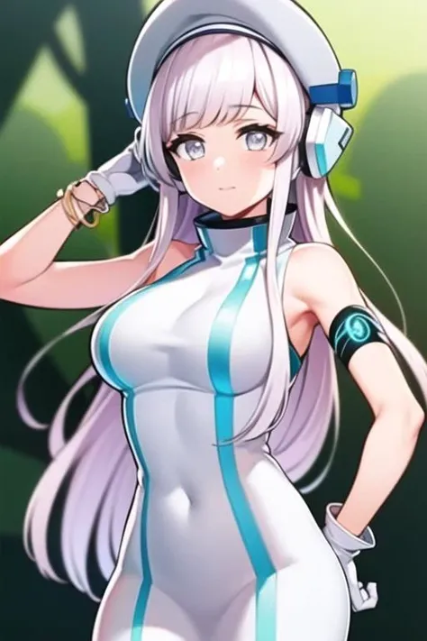 ((masterpiece, best quality,very detailed)),simple eyes,1girl, outdoors,<lora:saki:1>,d4dj,izumo saki, photon maiden,armlet, bangs, bare_shoulders, blush, bracelet, breasts,white dress,white clothes eyebrows_visible_through_hair,white hat,white head wear, headphones, jewelry, long_hair, looking_at_viewer, large_breasts,sleeveless, solo, very_long_hair, white_gloves,