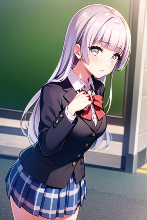 ((masterpiece, best quality,very detailed)),simple eyes,1girl,outdoors,<lora:saki:1>,d4dj,izumo saki, school uniform,bangs, blue_skirt, blunt_bangs,classroom, collared_shirt, cowboy_shot, indoors, jacket, long_hair, red bow, pleated_skirt, school_uniform, shirt, skirt, solo