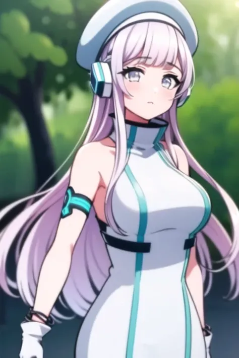 ((masterpiece, best quality,very detailed)),simple eyes,1girl, outdoors,<lora:saki:1>,d4dj,izumo saki, photon maiden,armlet, bangs, bare_shoulders, blush, bracelet, breasts,white dress,white clothes eyebrows_visible_through_hair,white hat,white head wear, headphones, jewelry, long_hair, looking_at_viewer, large_breasts,sleeveless, solo, very_long_hair, white_gloves,