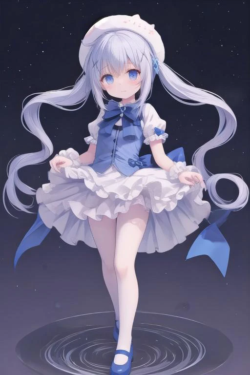 Magical Girl Chino,twintails, white headwear, x hair ornament, bowtie, blue footwear, blue ribbon,standing,upskirt,long legs,miniskirt,windy,