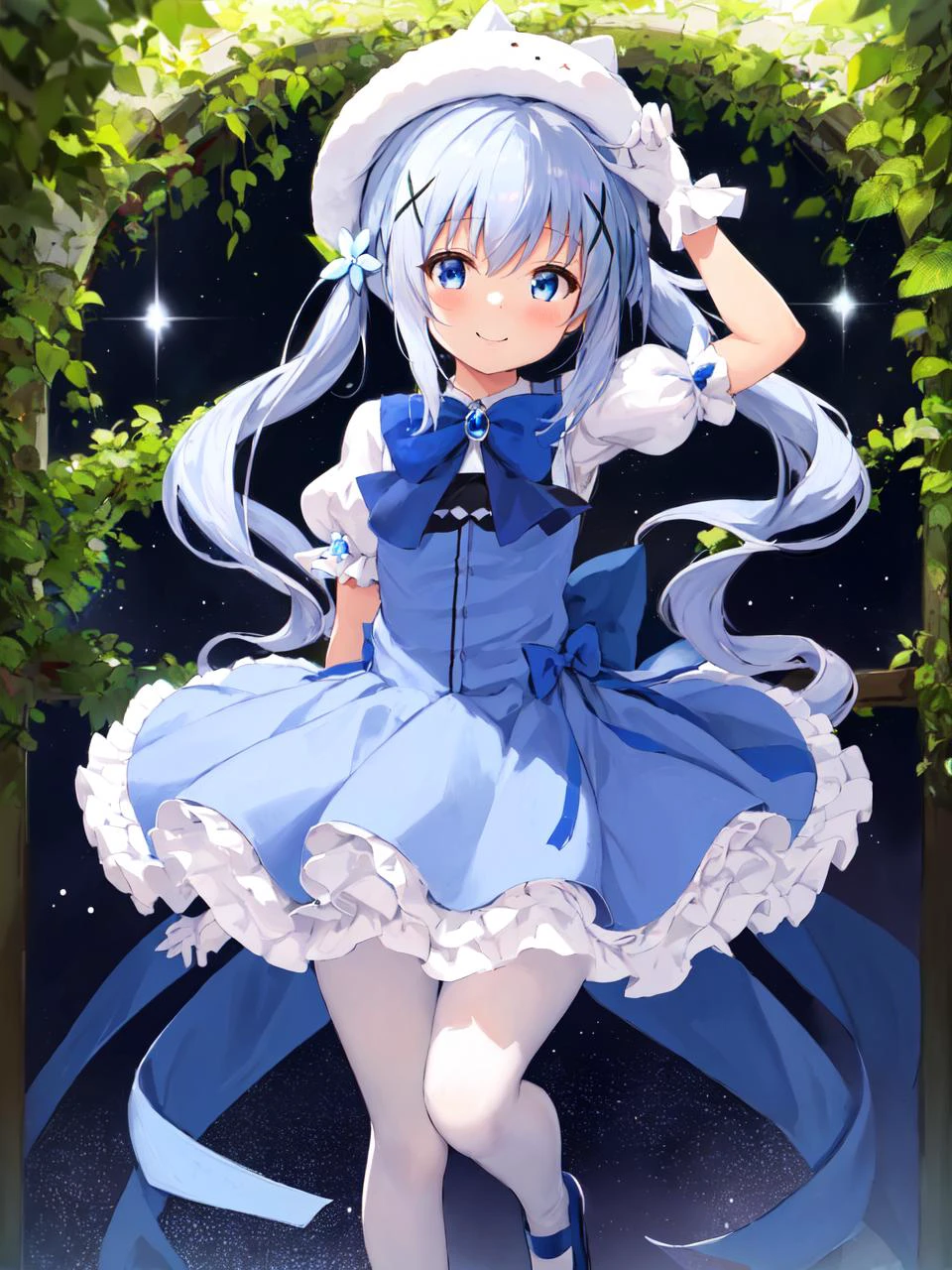 masterpiece, best quality, looking at viewer, depth of field, walking, smile, full_body,
1girl, <lora:locon_Magical_Girl_Chino_1:0.9>, Magical Girl Chino,
twintails, white headwear, x hair ornament, bowtie, blue footwear, blue ribbon, puffy short sleeves, tippy_\(gochiusa\),
standing, galaxy, magical_girl,