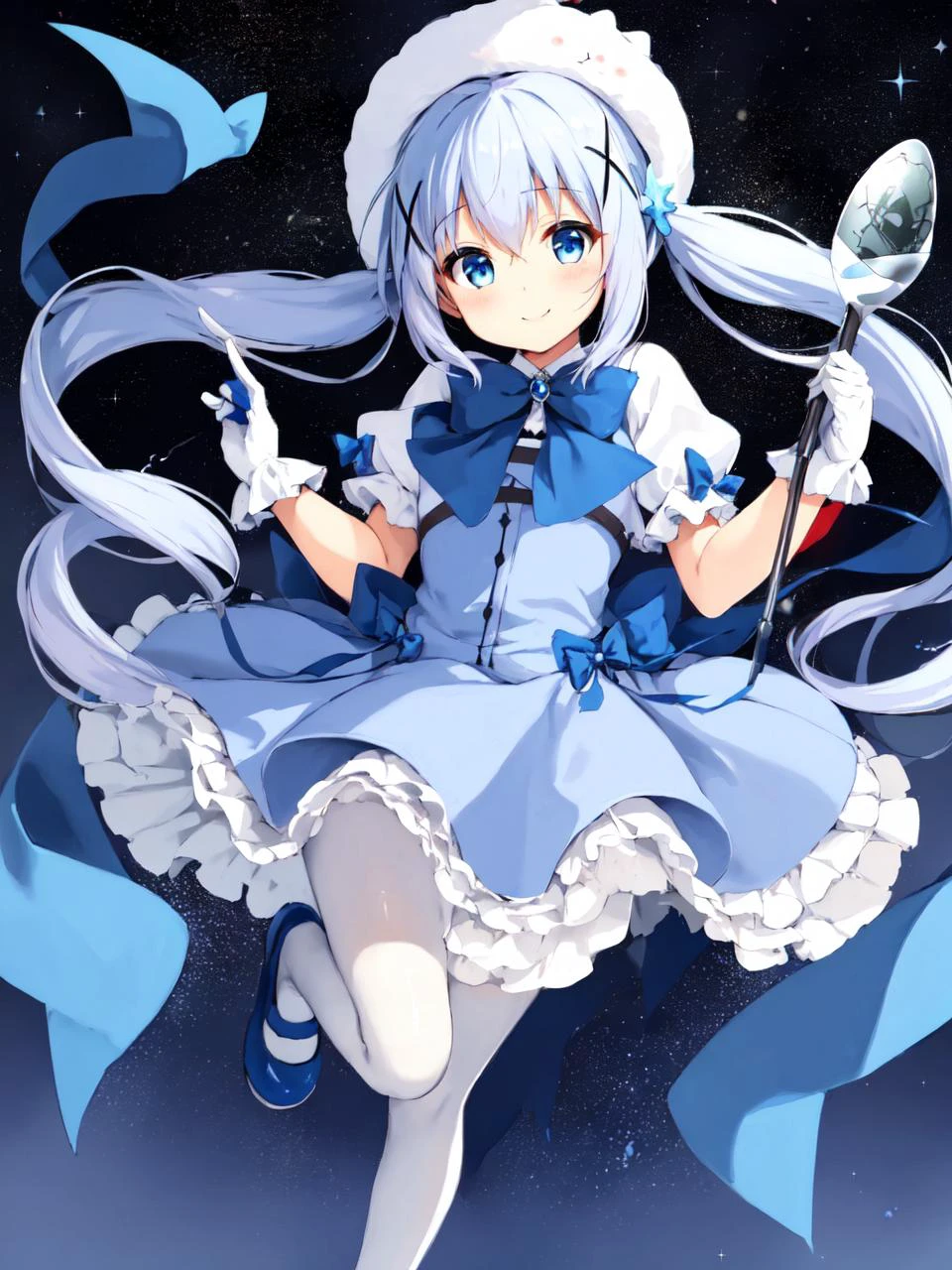 masterpiece, best quality, looking at viewer, depth of field, full body, walking, smile,
1girl, <lora:locon_Magical_Girl_Chino_1:0.9>, Magical Girl Chino,
twintails, white headwear, x hair ornament, bowtie, blue footwear, blue ribbon, puffy short sleeves, wand, holding spoon, oversized object, tippy_\(gochiusa\),
starry sky, star background,
