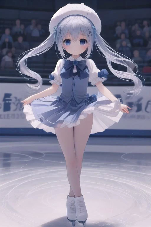 Magical Girl Chino,twintails, white headwear, x hair ornament, bowtie, blue footwear, blue ribbon,standing,upskirt,long legs,miniskirt,wind,dancing on grand ice skating exhibition