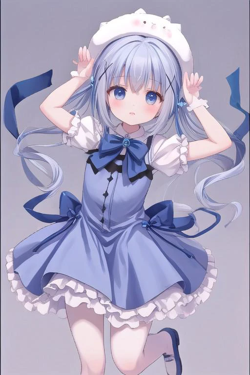 Magical Girl Chino,twintails, white headwear, x hair ornament, bowtie, blue footwear, blue ribbon,standing,rabbit pose,arms up,white panty,dress wind blow