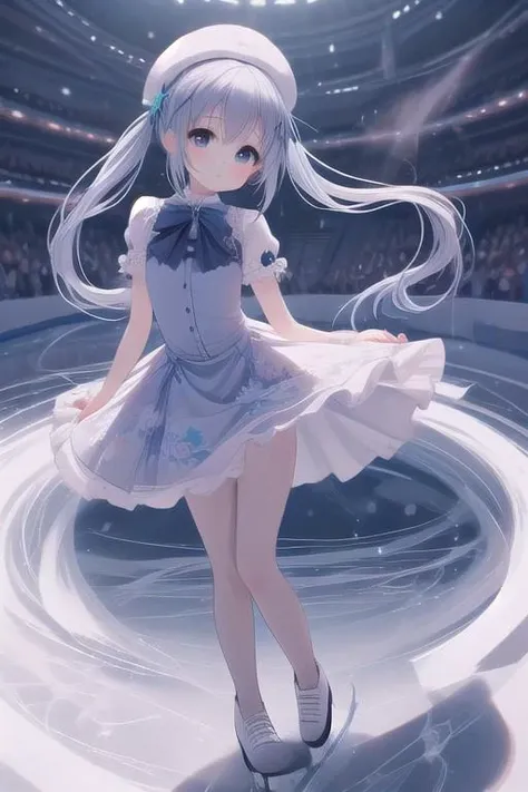 Magical Girl Chino,twintails, white headwear, x hair ornament, bowtie, blue footwear, blue ribbon,standing,upskirt,long legs,miniskirt,wind,dancing on grand ice skating exhibition,white panty,floral print lace dress,flying spin