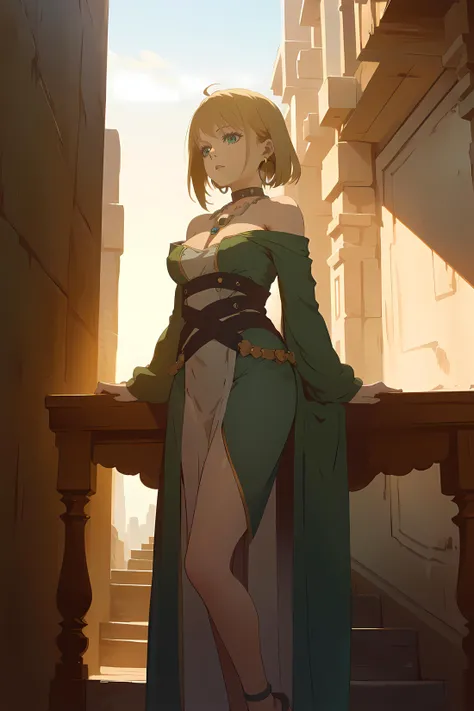 masterpiece, best quality, 1girl, futanari, Ray tracing, hdr, volumetric lighting,
Sitting with legs crossed and hands in prayer position,
Pink and Yellow hair, Short Spiky Hair with Tapered Sides, big hair, playful Dark Green eyes, golden hoop earrings, choker, thick lips,
athletic, tiny breasts, narrow shoulders, narrow waist, wide and round hips, covered nipples, bulge, Flowy maxi dress in a bold color with a statement necklace and strappy sandals, <lora:KTF_10:-0.9>, mature female