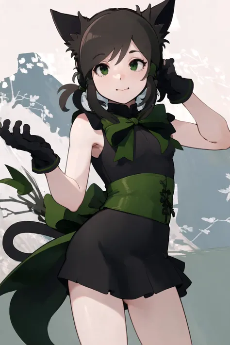 <lora:RtPL-RoseV1:1.0> rose_(riviera), cat_ears, green_eyes, cat_tail, (black_hair:1.2), green_bow, gloves, green ribbon, (black_dress:1.2), sleeveless,, beautiful, (masterpiece:1.2), (best quality:1.2), perfect eyes, perfect face,<lora:perfectfingers:1.0>