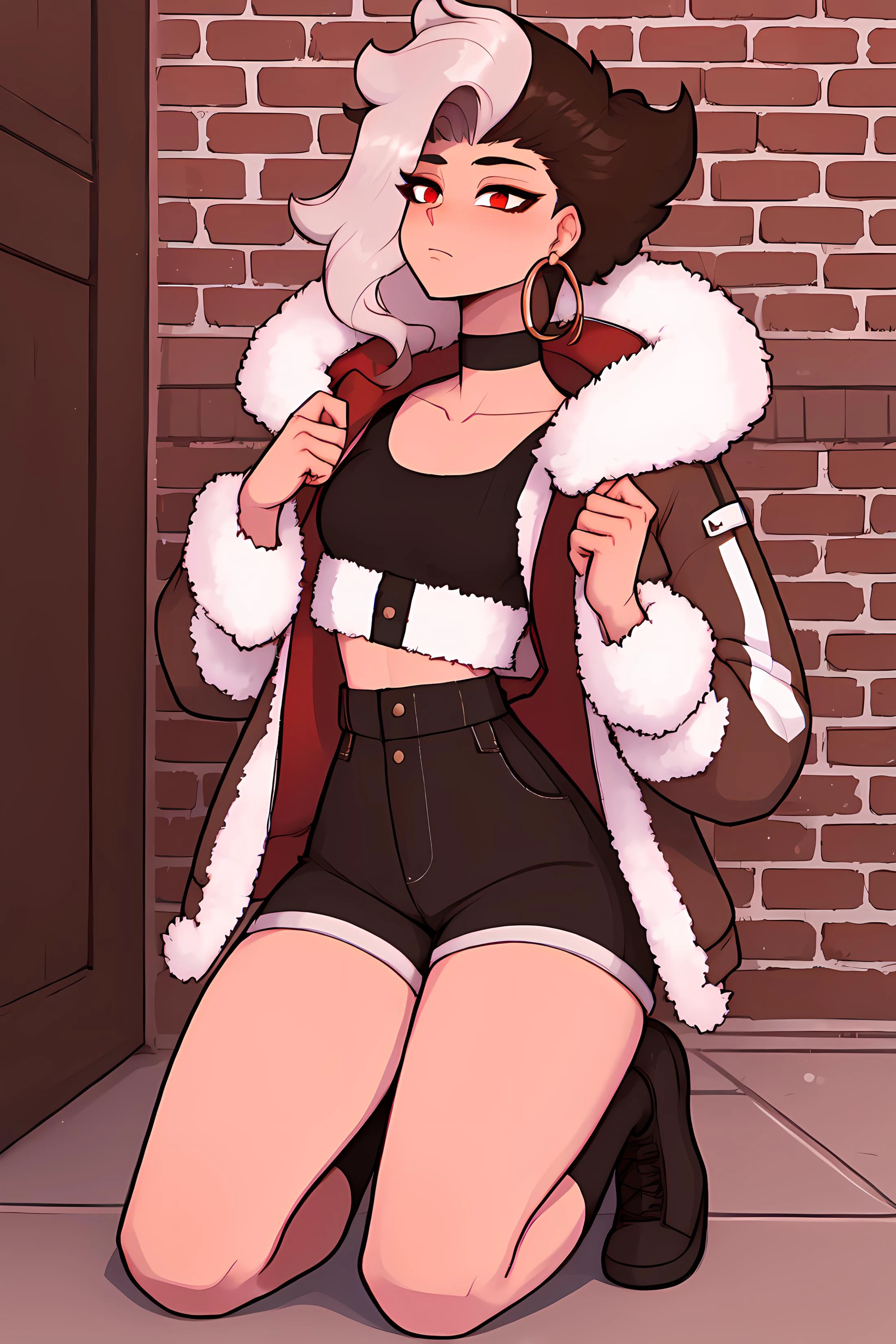 masterpiece, best quality, 1boy, Ray tracing, hdr, volumetric lighting, solo,
Kneeling on one knee looking up,
Brown and silver ombre hair, Wavy Quiff with Beard, playful Brick red eyes, small hoop earrings, choker,
athletic, flat chest, medium waist, narrow hips, Faux Fur Jacket, Gaucho shorts, <lora:KTF_01:1>