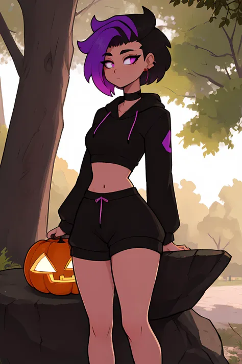 masterpiece, best quality, 1boy, Ray tracing, hdr, volumetric lighting, solo,
Reclining on a tree trunk or rock, 
Black and violet ombre hair, High Fade with Textured Top, playful Pumpkin Spice eyes, small hoop earrings, choker,
athletic, flat chest, medium waist, narrow hips, Oversized Hoodie, Track shorts, <lora:KTF_01:1>