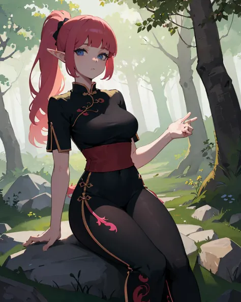 hires, woman, milf, sit on a rock , blue eyes, elf, smooth skin, qipao, (pink hair), long ponytail, blunt bangs, looking at viewer, in a forest, highres, detailed eyes