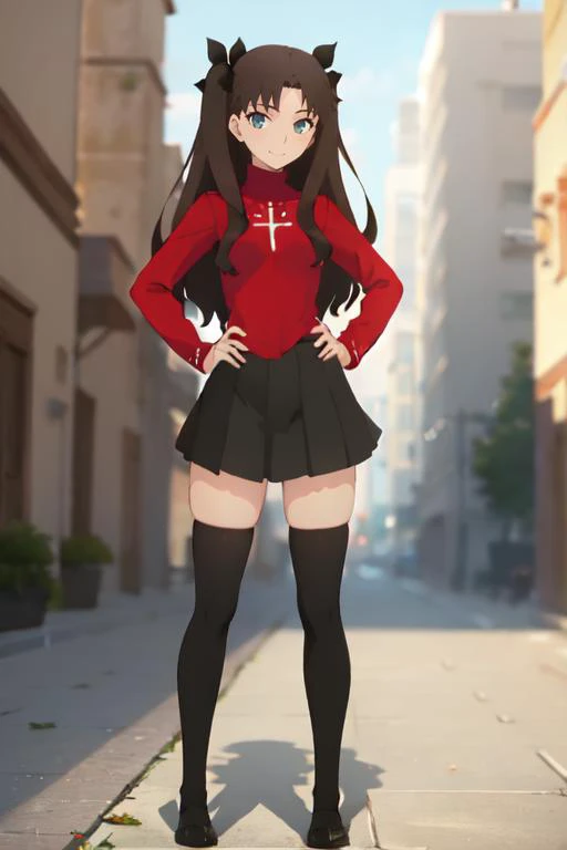<lora:chara_FateStayNightUBW_TohsakaRin_v1:0.8>, tohsaka rin, best quality, masterpiece, highly detailed, street, 1girl, solo, standing, looking at the viewer, smile, closed mouth, slight blush, long hair, two side up, brown hair, blue eyes, hair ribbon, (red turtleneck), long sleeves, pleated skirt, black skirt, (black thighhighs), full body, (fat legs:1.3), black_loafers, hand on hip,