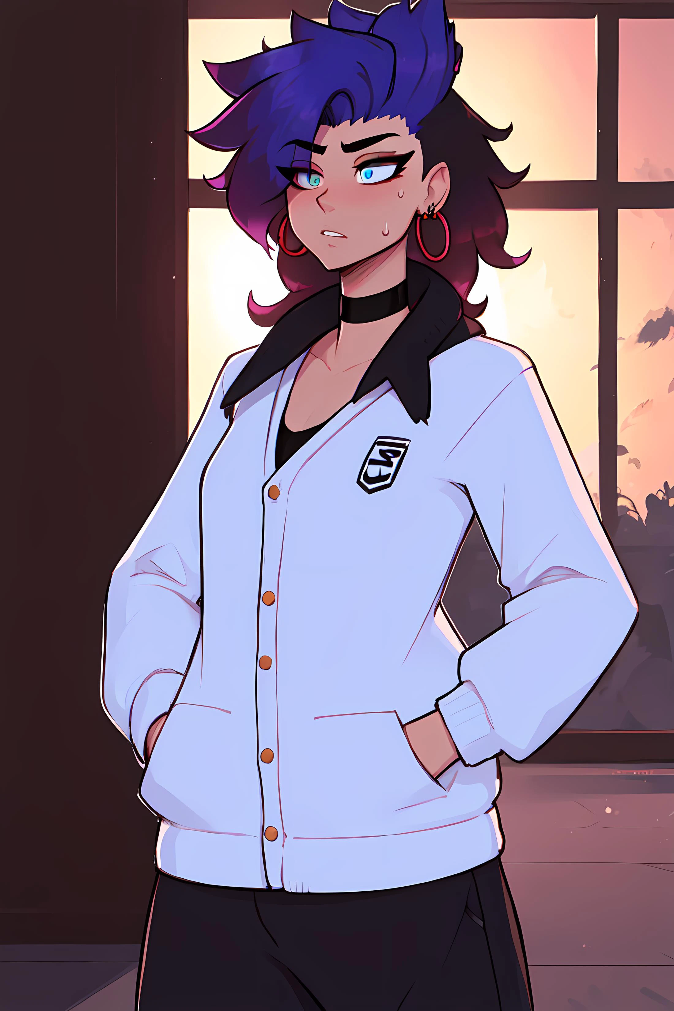 masterpiece, best quality, 1boy, Ray tracing, hdr, volumetric lighting, solo,
Standing with hands in pockets,
Brown and Blue hair, Spiky Mohawk, playful Ruby eyes, small hoop earrings, choker,
athletic, flat chest, medium waist, narrow hips, Cardigan Sweater, Sweatpants, <lora:KTF_10:1>