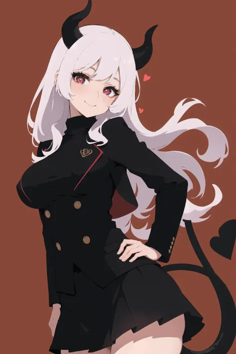 beautiful, (masterpiece:1.2), (best quality:1.2), perfect eyes, perfect face, perfect lighting, 1girl, :>, black horns, black jacket, black skirt, black suit, black tail, blush, breasts, demon girl, demon horns, demon tail, formal, heart, heart-shaped pupils, horns, jacket, large breasts, long sleeves, looking at viewer, medium hair, red background, red eyes, red sweater, ribbed sweater, skirt, smile, solo, suit, sweater, symbol-shaped pupils, tail, turtleneck, white hair, v arms