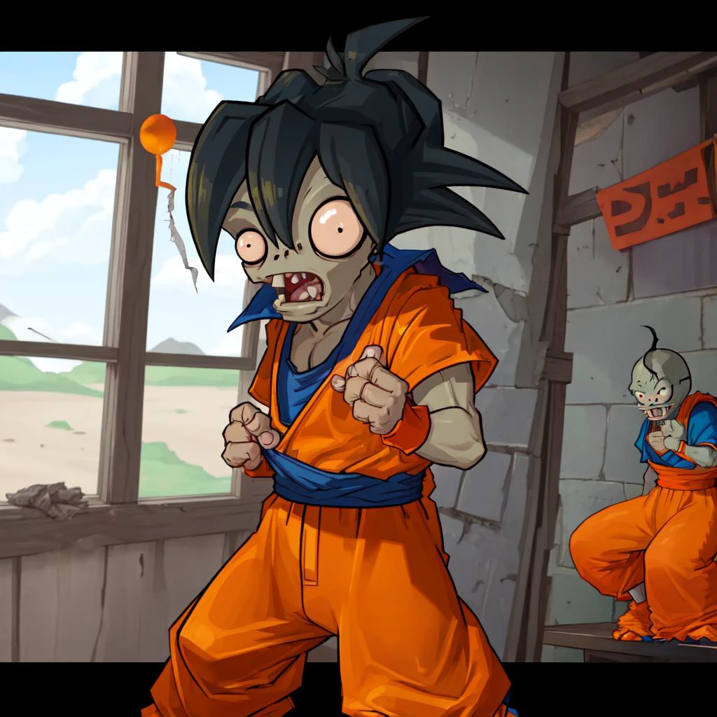 <lora:zobv0.5:1>, p vs.z\(Zob\), Son Goku /(cosplay/), mouth open, dragon ball Z, orange baggy pants, ripped blue shirt, parody,