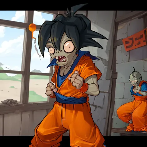 <lora:zobv0.5:1>, p vs.z\(Zob\), Son Goku /(cosplay/), mouth open, dragon ball Z, orange baggy pants, ripped blue shirt, parody,