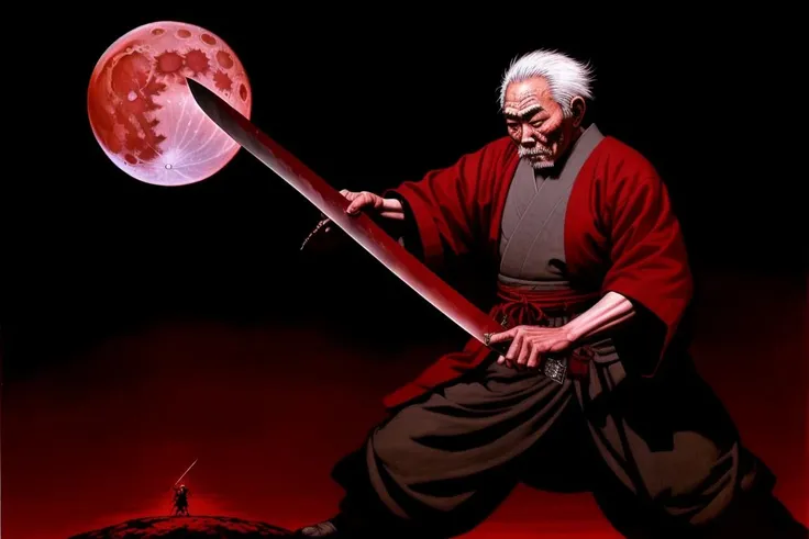 Old samurai man drawing his sword, with a blood red moon in the sky, above view, by OtomoArt <lora:OtomoArt:1.5>