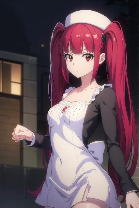 rirukadokugamine, <lora:rirukadokugamine-lora-nochekaiser:1>, 
riruka dokugamine, long hair, twintails, (red eyes:1.5), purple hair, bangs, blunt bangs,
BREAK thighhighs, hat, maid, long sleeves, gloves, dress, black dress, skirt, black skirt, collarbone,
BREAK outdoors, night, city,
BREAK looking at viewer, (cowboy shot:1.5),
BREAK <lyco:GoodHands-beta2:1>, (masterpiece:1.2), best quality, high resolution, unity 8k wallpaper, (illustration:0.8), (beautiful detailed eyes:1.6), extremely detailed face, perfect lighting, extremely detailed CG, (perfect hands, perfect anatomy),