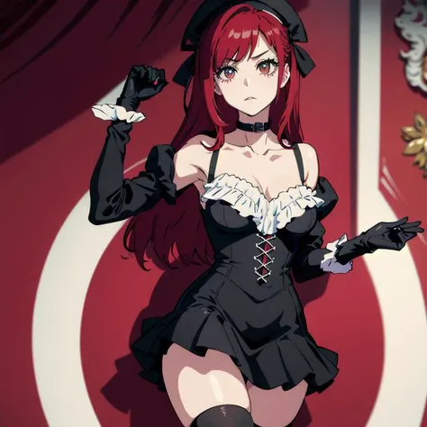 (masterpiece), thighhighs, hat, maid, long sleeves, gloves, dress, black dress, skirt, black skirt, collarbone, red hair, in container, (in a heart shaped box) <lora:rirukadokugamine-lora-nochekaiser:0.7> <lora:GirlFeastV2a:1>