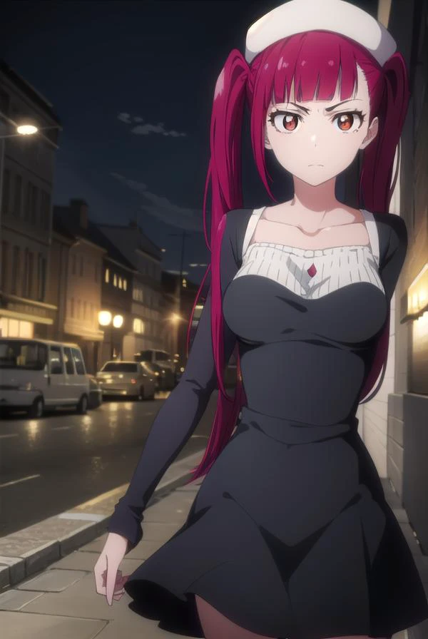 rirukadokugamine, <lora:rirukadokugamine-lora-nochekaiser:1>, 
riruka dokugamine, long hair, twintails, (red eyes:1.5), purple hair, bangs, blunt bangs,
BREAK thighhighs, hat, maid, long sleeves, gloves, dress, black dress, skirt, black skirt, collarbone,
BREAK outdoors, night, city,
BREAK looking at viewer, (cowboy shot:1.5),
BREAK <lyco:GoodHands-beta2:1>, (masterpiece:1.2), best quality, high resolution, unity 8k wallpaper, (illustration:0.8), (beautiful detailed eyes:1.6), extremely detailed face, perfect lighting, extremely detailed CG, (perfect hands, perfect anatomy),