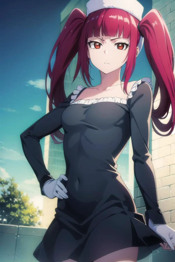 rirukadokugamine, <lora:rirukadokugamine-lora-nochekaiser:1>,
riruka dokugamine, long hair, twintails, (red eyes:1.5), purple hair, bangs, blunt bangs,
BREAK thighhighs, hat, maid, long sleeves, gloves, dress, black dress, skirt, black skirt, collarbone,
BREAK outdoors, night, city,
BREAK looking at viewer, (cowboy shot:1.5),
BREAK <lyco:GoodHands-beta2:1>, (masterpiece:1.2), best quality, high resolution, unity 8k wallpaper, (illustration:0.8), (beautiful detailed eyes:1.6), extremely detailed face, perfect lighting, extremely detailed CG, (perfect hands, perfect anatomy),