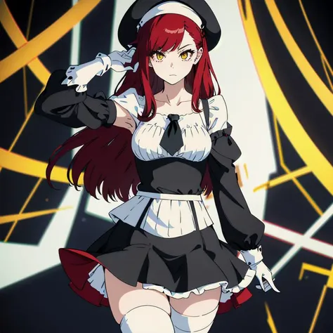 (masterpiece), thighhighs, hat, maid, long sleeves, gloves, dress, black dress, skirt, black skirt, collarbone, red hair, abstract background, (white rectangles), medieval, yellow glow <lora:rirukadokugamine-lora-nochekaiser:0.7>