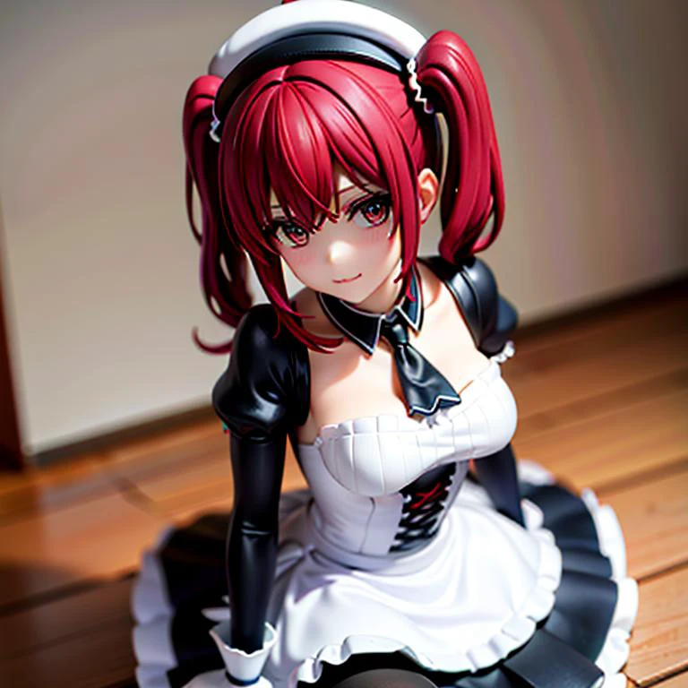 (masterpiece), thighhighs, hat, maid, long sleeves, gloves, dress, black dress, skirt, black skirt, collarbone, red hair, close up, looking at camera, :3, bright, colorful, happy <lora:rirukadokugamine-lora-nochekaiser:0.7>