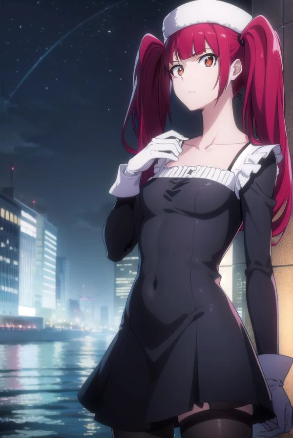 rirukadokugamine, <lora:rirukadokugamine-lora-nochekaiser:1>,
riruka dokugamine, long hair, twintails, (red eyes:1.5), purple hair, bangs, blunt bangs,
BREAK thighhighs, hat, maid, long sleeves, gloves, dress, black dress, skirt, black skirt, collarbone,
BREAK outdoors, night, city,
BREAK looking at viewer, (cowboy shot:1.5),
BREAK <lyco:GoodHands-beta2:1>, (masterpiece:1.2), best quality, high resolution, unity 8k wallpaper, (illustration:0.8), (beautiful detailed eyes:1.6), extremely detailed face, perfect lighting, extremely detailed CG, (perfect hands, perfect anatomy),