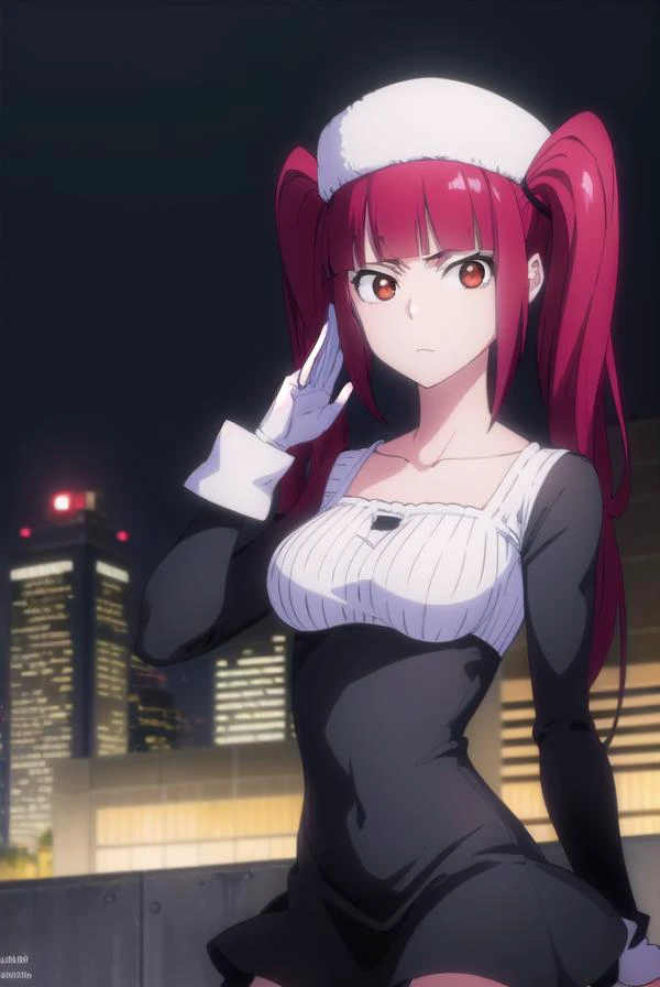 rirukadokugamine, <lora:rirukadokugamine-lora-nochekaiser:1>, 
riruka dokugamine, long hair, twintails, (red eyes:1.5), purple hair, bangs, blunt bangs,
BREAK thighhighs, hat, maid, long sleeves, gloves, dress, black dress, skirt, black skirt, collarbone,
BREAK outdoors, night, city,
BREAK looking at viewer, (cowboy shot:1.5),
BREAK <lyco:GoodHands-beta2:1>, (masterpiece:1.2), best quality, high resolution, unity 8k wallpaper, (illustration:0.8), (beautiful detailed eyes:1.6), extremely detailed face, perfect lighting, extremely detailed CG, (perfect hands, perfect anatomy),