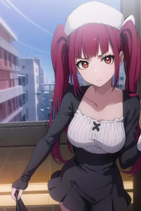 rirukadokugamine, <lora:rirukadokugamine-lora-nochekaiser:1>, 
riruka dokugamine, long hair, twintails, (red eyes:1.5), purple hair, bangs, blunt bangs,
BREAK thighhighs, hat, maid, long sleeves, gloves, dress, black dress, skirt, black skirt, collarbone,
BREAK outdoors, night, city,
BREAK looking at viewer, (cowboy shot:1.5),
BREAK <lyco:GoodHands-beta2:1>, (masterpiece:1.2), best quality, high resolution, unity 8k wallpaper, (illustration:0.8), (beautiful detailed eyes:1.6), extremely detailed face, perfect lighting, extremely detailed CG, (perfect hands, perfect anatomy),