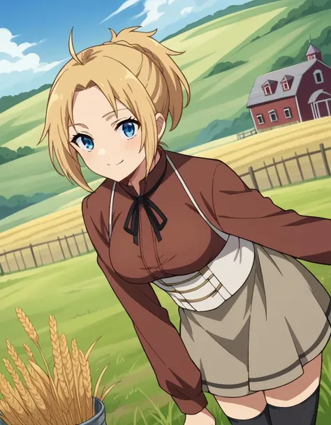 score_9, score_8_up, score_7_up, source_anime,
zenithgreyrat, <lora:zenith-greyrat-ponyxl-lora-nochekaiser:1>,
zenith greyrat, short hair, blonde hair, blue eyes, ponytail, ahoge, smile,
skirt, shirt, thighhighs, long sleeves, ribbon, black thighhighs, brown shirt,
outdoors, field, farm, wheat, bent over,
looking at viewer, cowboy shot, dutch angle,