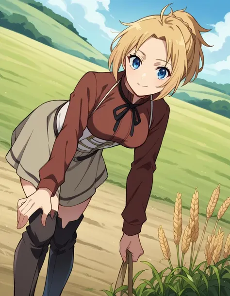 score_9, score_8_up, score_7_up, source_anime,
zenithgreyrat, <lora:zenith-greyrat-ponyxl-lora-nochekaiser:1>,
zenith greyrat, short hair, blonde hair, blue eyes, ponytail, ahoge, smile,
skirt, shirt, thighhighs, long sleeves, ribbon, boots, black thighhighs, thigh boots, brown shirt,
outdoors, field, farm, wheat, bent over,
looking at viewer, cowboy shot, dutch angle,