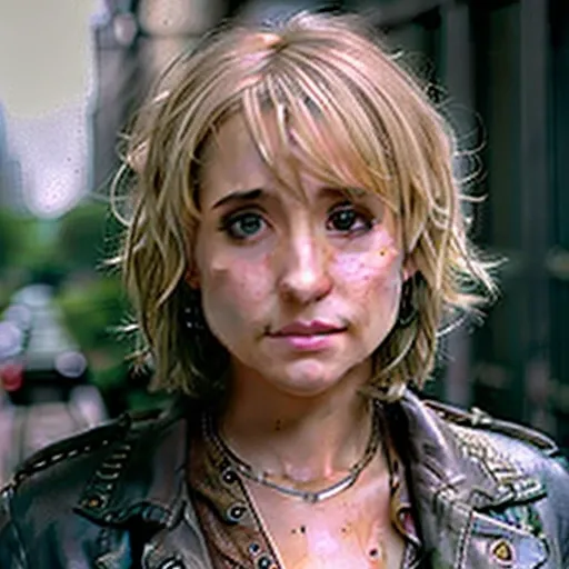 ((photorealistic)), extremely high quality RAW photograph, very detailed urban decay background, messy hair, Exquisite details and textures, highly detailed, portrait of (Allison Mack) staring aggressively into the camera, (wearing a leather jacket:1.3), ultra detailed photograph, cool lighting, artstation, 4k, sharp focus, high resolution, detailed skin, detailed eyes, 8k uhd, dslr, low harsh lighting, high quality, film grain, Fujifilm XT3, sad:1.3 <lora:allisonMackLora_v1:.7>
