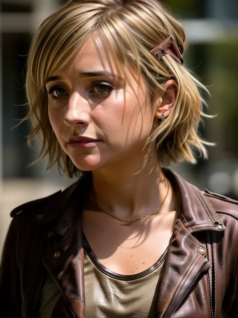 ((photorealistic)), extremely high quality RAW photograph, very detailed urban decay background, messy hair, Exquisite details and textures, highly detailed, portrait of (Allison Mack) staring aggressively into the camera, (wearing a leather jacket:1.3), ultra detailed photograph, cool lighting, artstation, 4k, sharp focus, high resolution, detailed skin, detailed eyes, 8k uhd, dslr, low harsh lighting, high quality, film grain, Fujifilm XT3, sad:1.3