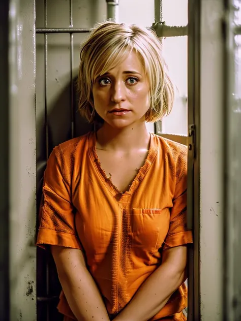 ((realism)), extremely high quality RAW photograph, detailed background, intricate, messy hair, Exquisite details and textures, highly detailed, Photo of (Allison Mack) in a prison cell, (wearing orange prison clothes:1.3), Looking away from the camera, ultra detailed photograph, warm lighting, artstation, 4k, sharp focus, high resolution, detailed skin, detailed eyes, 8k uhd, dslr, low harsh lighting, high quality, film grain, Fujifilm XT3, sad:1.3