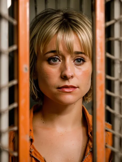 ((realism)), extremely high quality RAW photograph, detailed background, intricate, messy hair, Exquisite details and textures, highly detailed, Photo of (Allison Mack) locked in a prison cell, (wearing orange prison clothes:1.3), Looking away from the camera, ultra detailed photograph, warm lighting, artstation, 4k, sharp focus, high resolution, detailed skin, detailed eyes, 8k uhd, dslr, low harsh lighting, high quality, film grain, Fujifilm XT3, bruise on eye:1.3,