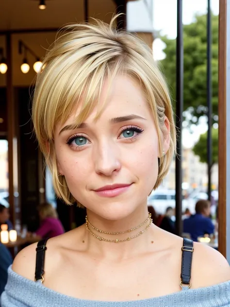 piercing eyes, looking straight, a sexy Allison Mack, happy, short salon hair, wearing an off-shoulder sweater, choker, closeup portrait, in a outdoor cafe in 2015, afternoon light