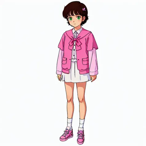 <lora:charasoon001:0.5>,solo,white background,
leina_ashta,1loli,short hair,brown hair,hair ornament,hair bow,bangs,green eyes,
shirt,jacket,long sleeves,layered sleeves,short sleeves,white skirt,miniskirt,
white socks,pink footwear,sneakers,
full body,standing,