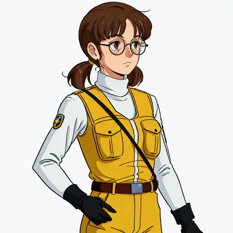 <lora:charasoon001:0.5>,solo,white background,
milly_childer,1woman,short hair,short twintails,low twintails,brown hair,parted bangs,brown eyes,glasses,round eyewear,freckles,
uniform,white shirt,turtleneck,yellow vest,pocket,arms at sides,long sleeves,sleeves rolled up,black gloves,belt,belt buckle,pants,