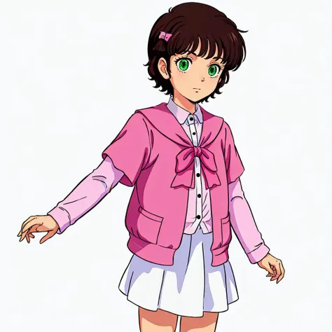 <lora:charasoon001:0.5>,solo,white background,
leina_ashta,1loli,short hair,brown hair,hair ornament,hair bow,bangs,green eyes,
shirt,pink jacket,long sleeves,layered sleeves,short sleeves,white skirt,miniskirt,
