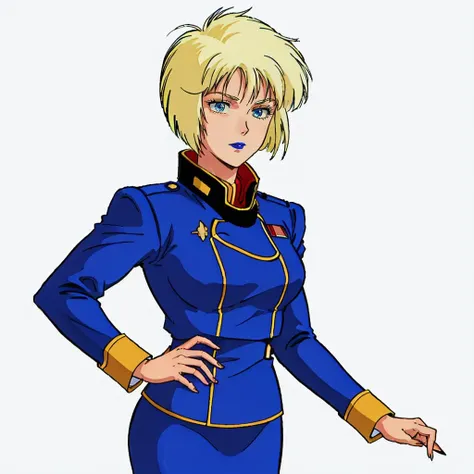 <lora:charasoon001:0.5>,solo,white background,
emary_ounce,1woman,short hair,blonde hair,blue eyes,lipstick,
uniform,military uniform,military,jacket,long sleeves,pencil skirt,