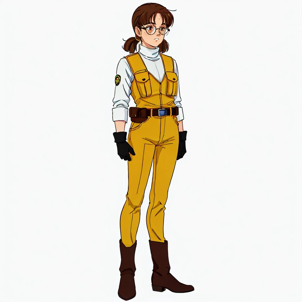 <lora:charasoon001:0.5>,solo,white background,
milly_childer,1woman,short hair,short twintails,low twintails,brown hair,parted bangs,brown eyes,glasses,round eyewear,freckles,
uniform,white shirt,turtleneck,yellow vest,pocket,arms at sides,long sleeves,sleeves rolled up,black gloves,belt,belt buckle,pants,
brown footwear,ankle boots,black footwear,
full body,standing,
