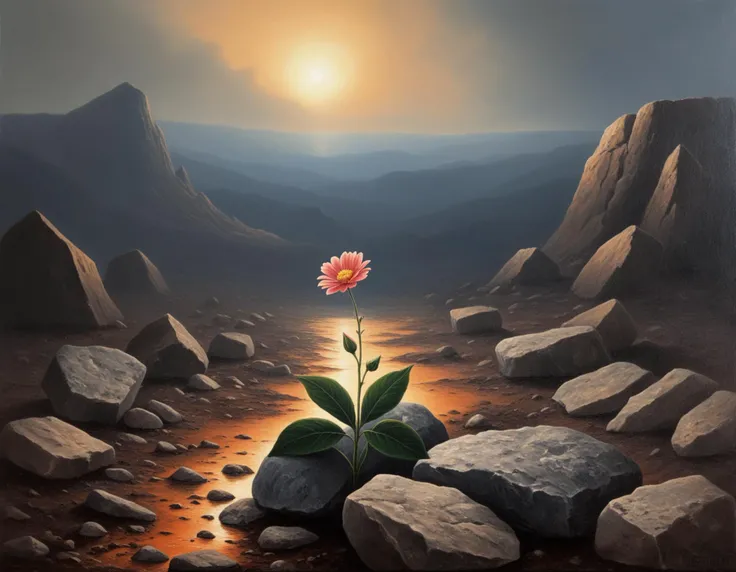 a lone flower in the middle of a rocky hellscape, dramatic, oil painting, painting,