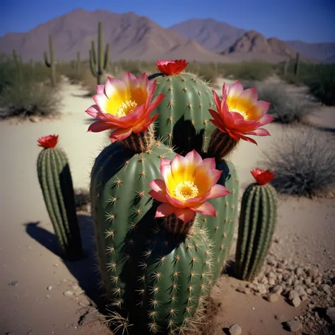 a flowering cactus in the desert, Fujichrome Velvia 50