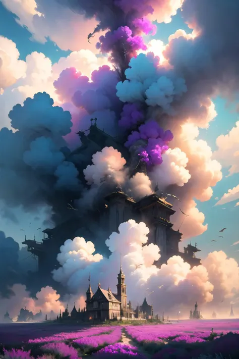 <lora:colorful_fumes:0.6>, colorful_fumes, smoke, fumes, smoke trail, Charcoal color, Pop Art Red color, Lavender Purple color,
Garden castle, Many flowers, A few purple roses, clouds, dramatic clouds above, pink, dreamy ultra wide shot, atmospheric, hyper realistic, 8k, epic composition, cinematic, octane render, artstation landscape vista photography by Carr Clifton & Galen Rowell, 16K resolution, Landscape veduta photo by Dustin Lefevre & tdraw, 8k resolution, detailed landscape painting by Ivan Shishkin, DeviantArt, Flickr, rendered in Enscape, Miyazaki, Nausicaa Ghibli, Breath of The Wild, 4k detailed post processing, artstation, rendering by octane, unreal engine,,