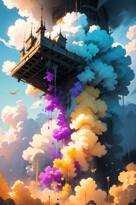 <lora:colorful_fumes:0.6>, colorful_fumes, smoke, fumes, smoke trail,
(flying house:1 1), capsule house, hanging in the air above the ground, front door epic, large glass windows, (apocalypse:1 2), artstation, high detail, cinematic, epic realistic, detailed, fenghua zhong,
BREAK
Splash and splatter a riot of colors, with drips, drops, and splashes flying in every direction, creating a chaotic and energetic visual experience, Lemon Yellow color, Luminous Emerald color, Grapevine Purple color,