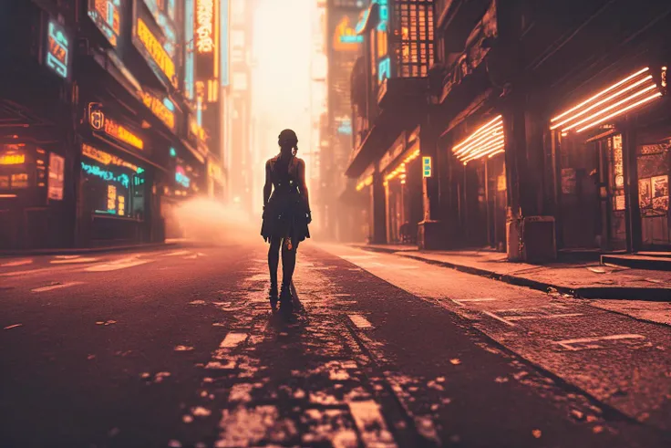 1girl, an 18 year old woman is lost and afraid, she is looking for a way home but can't seem to find the way home, gothic, surreal, emotional, matte painting, golden hour, 35mm, cinematic, 4k, highly detailed, photorealistic, volumetric lighting, dynamic, highly detailed, high budget, cinemascope, stained, epic, sharp focus, film grain, grainy, wide shot, (((cyberpunk:1, steampunk:1))), mist, bokeh