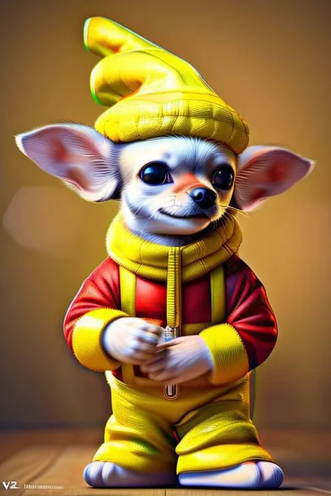 Insanely detailed studio portrait shot photo of intricately detailed beautiful a  chihuahua dressed as YellowSanta, smirking mischievously at the camera with mischievous detailed brown eyes , very detailed, rim light, photo, rim light, ultra-realistic, photorealistic, hyper detailed, photography, shot on Canon DSLR, f/2. 8 , photography by Felix Kunze and Annie Leibovitz and retouched by Pratik Naik --ar 2:3 --v 4 --q 2